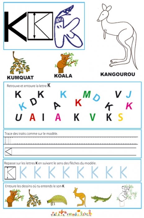 Page de lecture - écriture : du " K " de l'alphabet 