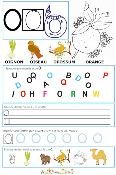 Page de lecture - écriture : la lettre O de l'alphabet 