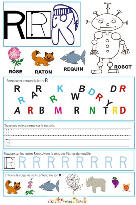 Page de lecture - écriture : la grande lettre R de robot