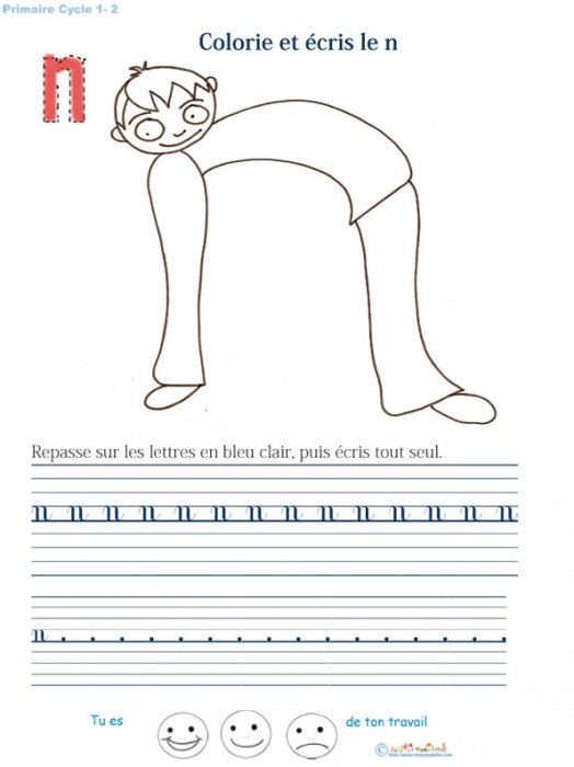 Ecrire et colorier la lettre de l'alphabet n en cursif