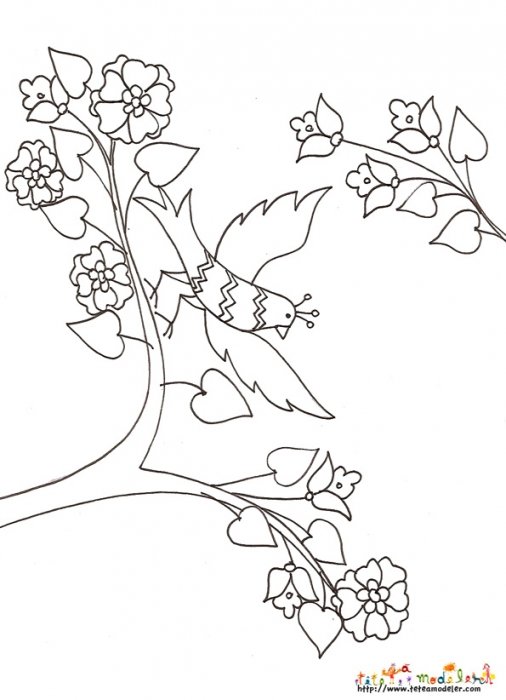 Coloriage oiseau branche fleurie motif traditionnel
