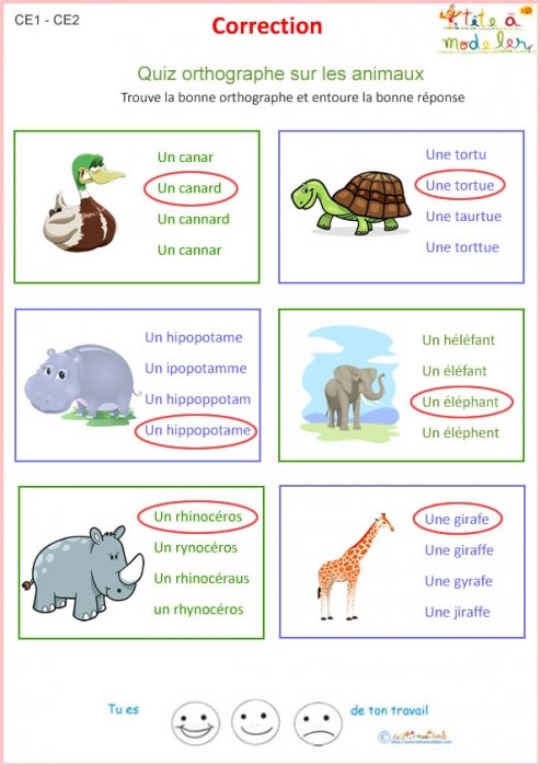 Exercice 1 d'orthographe pour le CE1 - correction