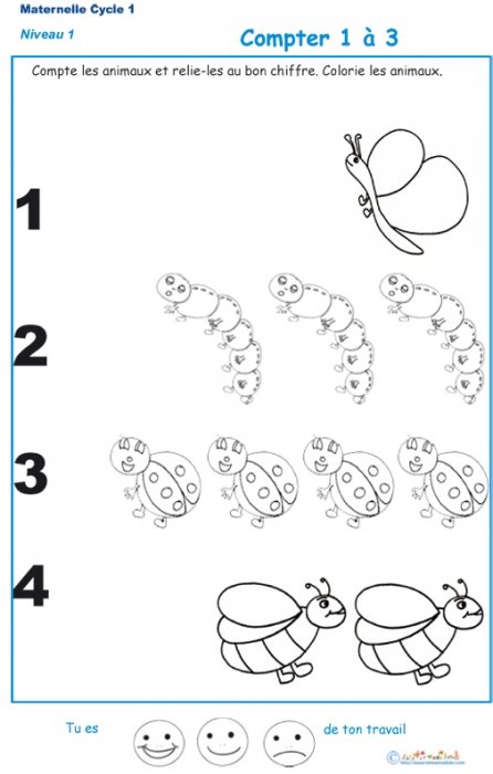 Imprimer l'exercice 1 pour apprendre à compter de 1 à 3