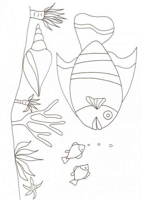 coloriage d'un poisson,anemones et coquillage