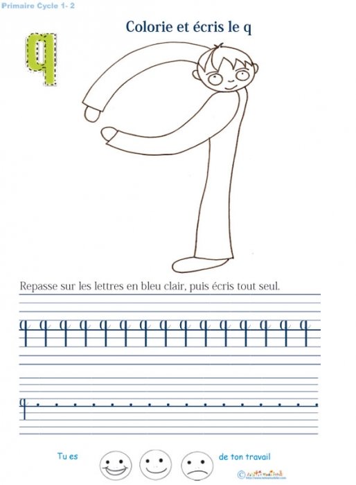 Ecrire et colorier le q de l'alphabet en cursif