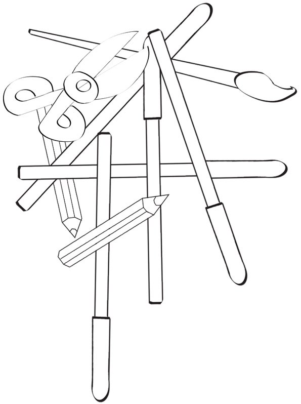 coloriage de crayons, feutres, pinceau et ciseaux pour la rentr&eacute;e scolaire