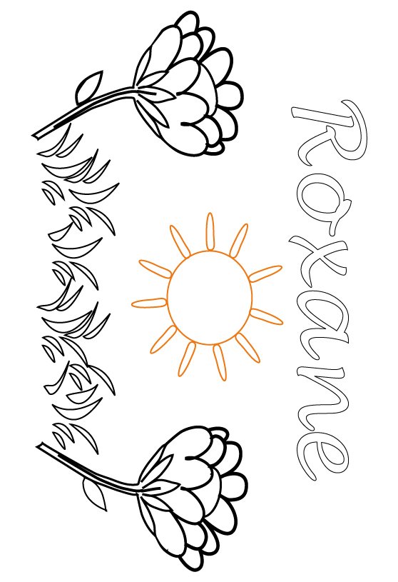 coloriage pr&eacute;nom Roxane dans un jardin fleuri
