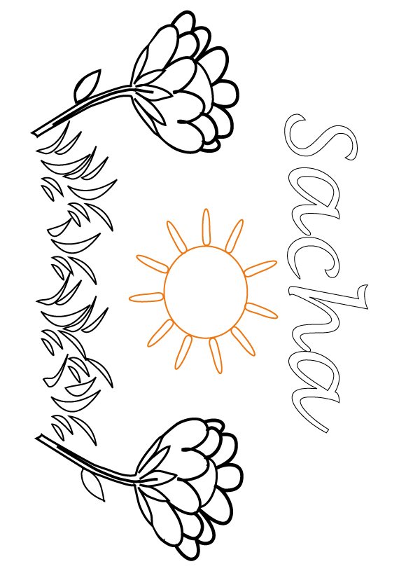 coloriage pr&eacute;nom Sacha dans un jardin fleuri
