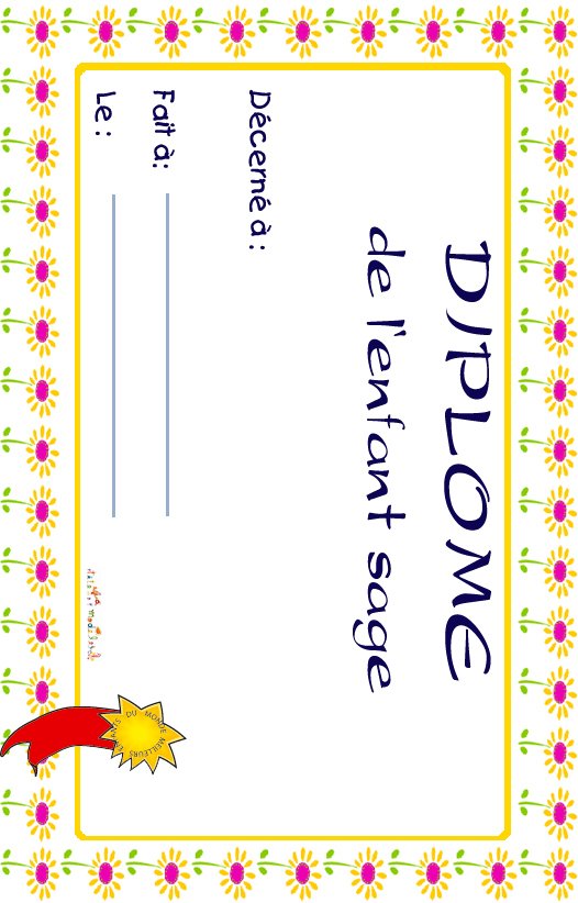 diplome de l'enfant sage fleur jaunes
