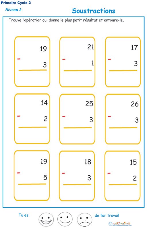 Imprimer la fiche d'exercices de soustraction N&deg;4 niveau 2 
