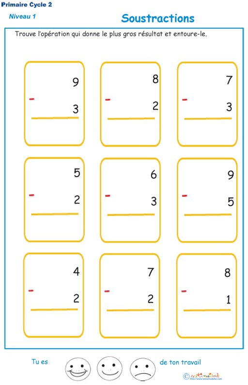 Imprimer des soustractions cycle 2 niveau 1 exercice 2
