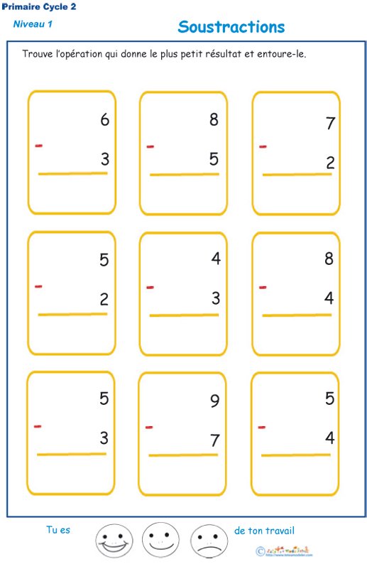 Imprimer les exercices 3 d'entra&icirc;nement aux soustractions niveau 1 
