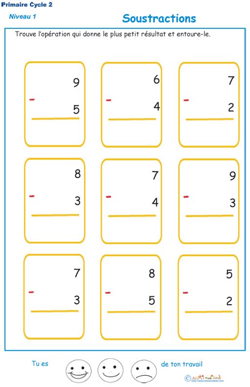 Imprimer les exercices 4 d'entra&icirc;nement aux soustractions primaire 1 
