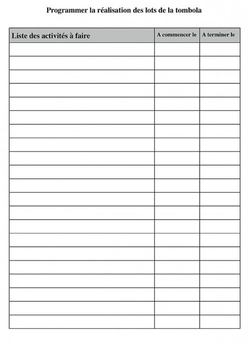 Fiche à imprimer pour vous aider à programmer la réalisation des lots de la tombola