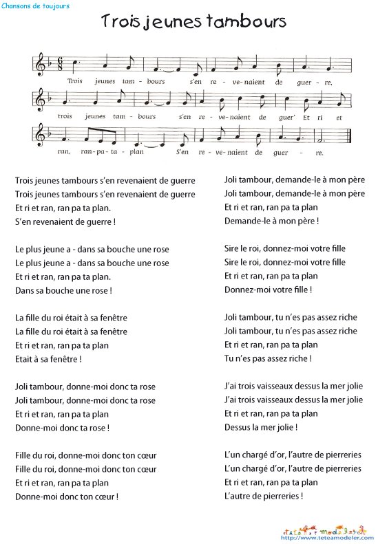 Trois jeunes tambours  texte et partition
