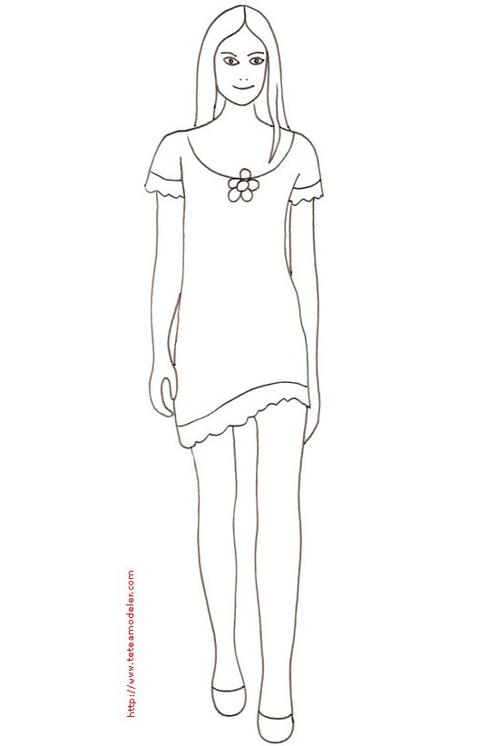 Coloriage du Top Model avec une petite robe &agrave; la fleur
