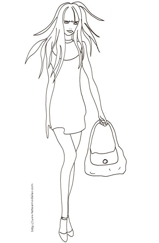 Coloriage du Top model au sac et cheveux au vent
