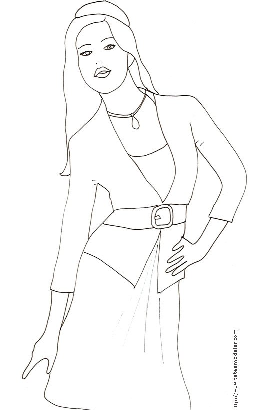 Coloriage du Top Model avec veste et grosse ceinture
