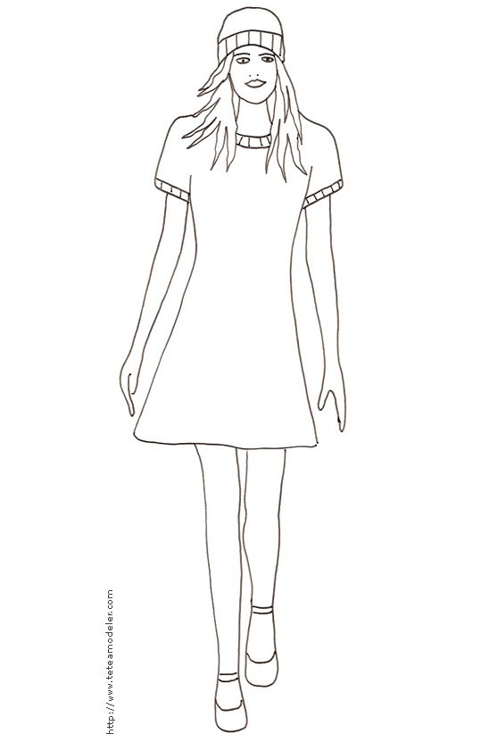 Coloriage du Top Model avec robe et bonnet
