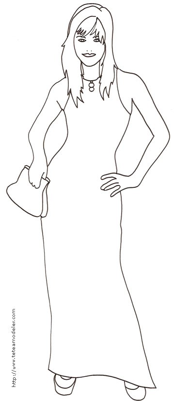 Coloriage du Top Model a la robe longue et sac a main
