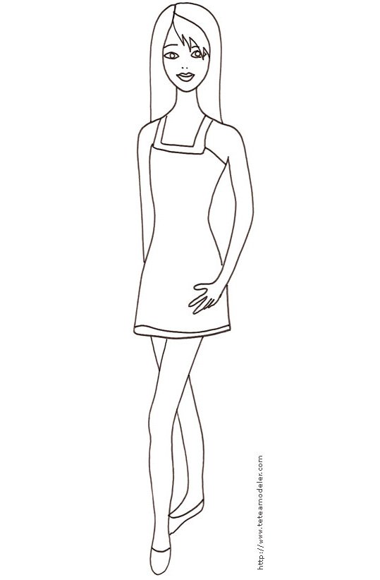 Coloriage du Top Model avec une robe encolure carree
