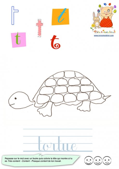 T du mot tortue de l'imagier des lettres minuscules