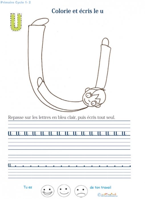 Ecrire et colorier le u en alphabet cursif