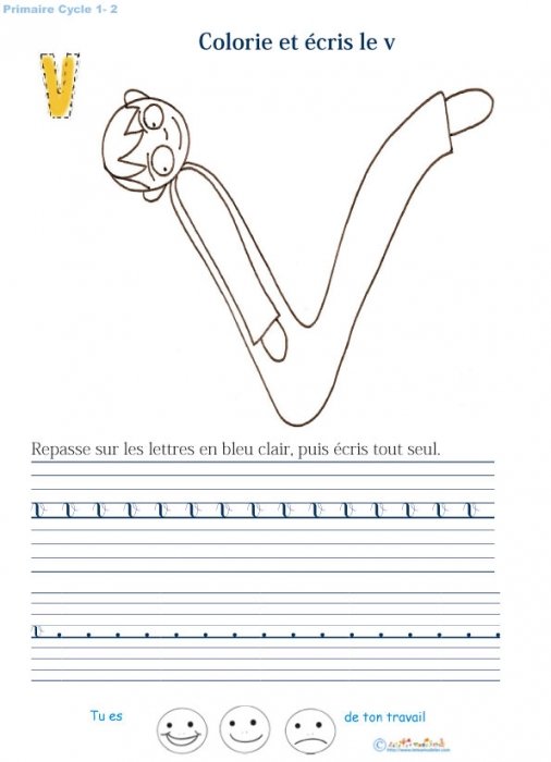 Ecrire et colorier le "v" en alphabet cursif