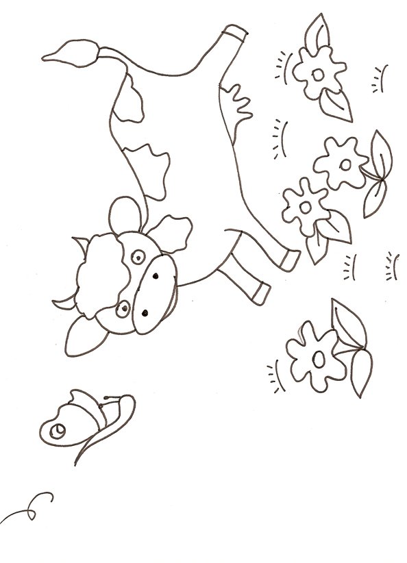 coloriage d'une vache et fleurs 
