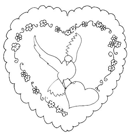 dessin coeur oiseau et fleurs pour carte en piquage
