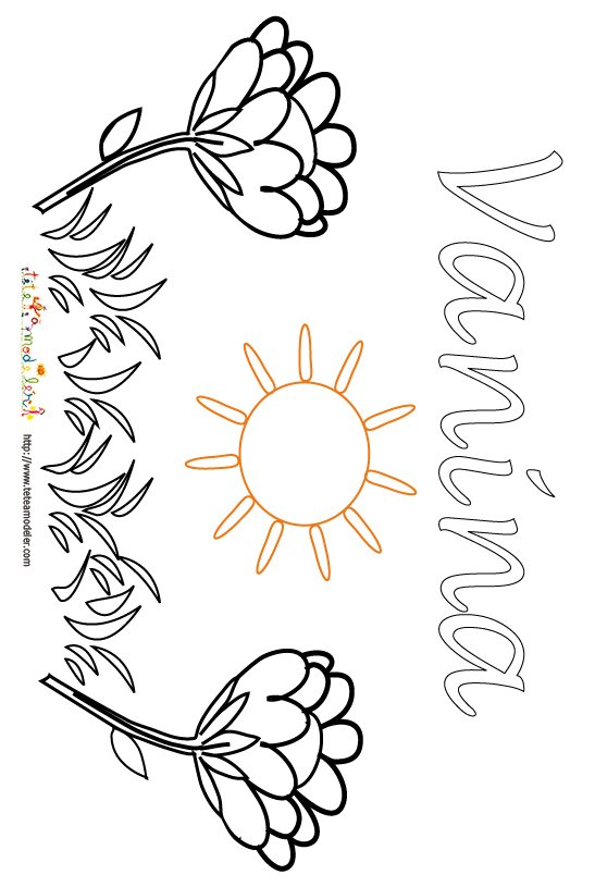 coloriage pr&eacute;nom Vanina dans un jardin fleuri
