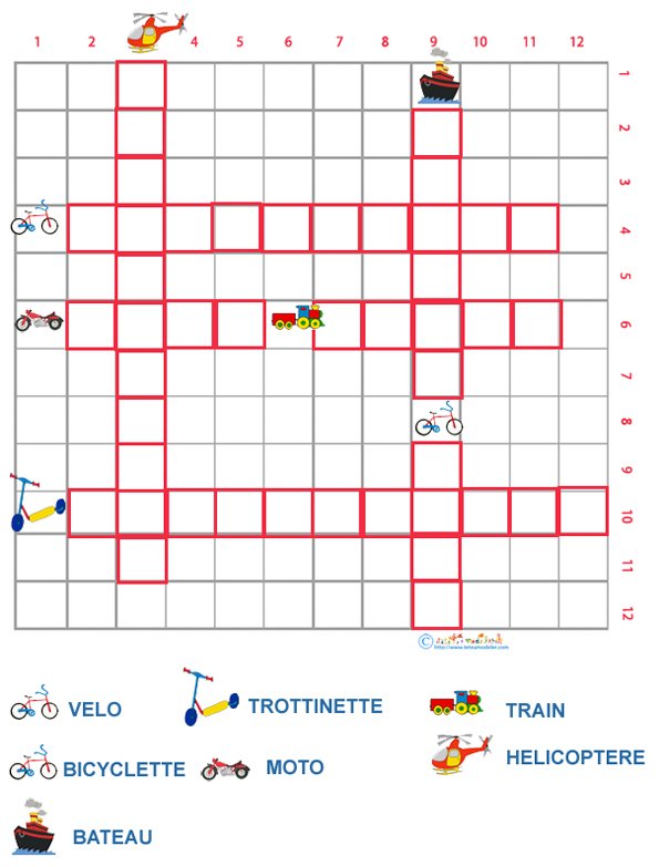 Grille de mots crois&eacute;s 1 sur les v&eacute;hicules &agrave; imprimer - maternelle 

