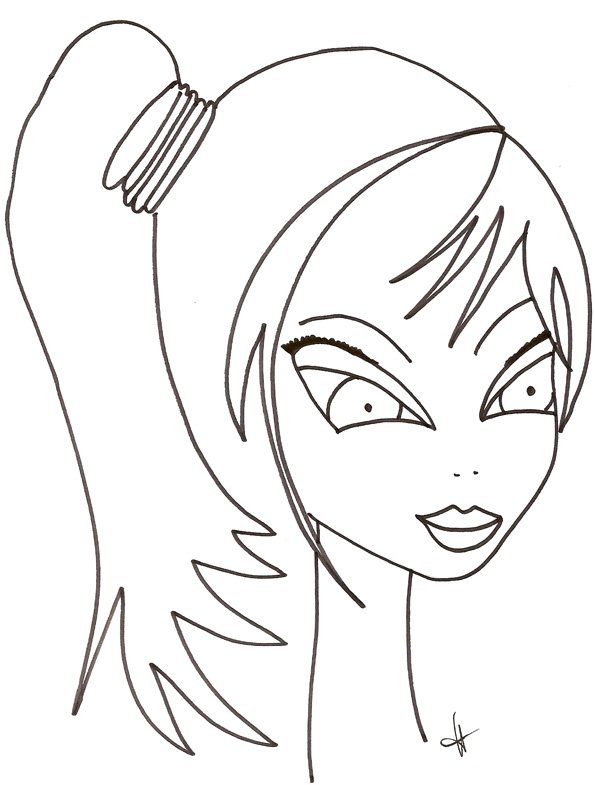 coloriage du visage de la fille &agrave; la queue sur le sommet de la t&ecirc;te 
