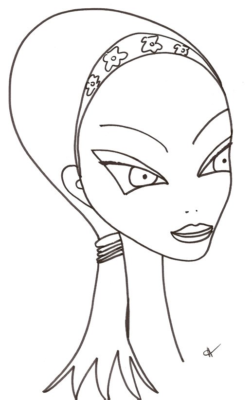 coloriage du visage de la fille sans frange et au bandeau 
