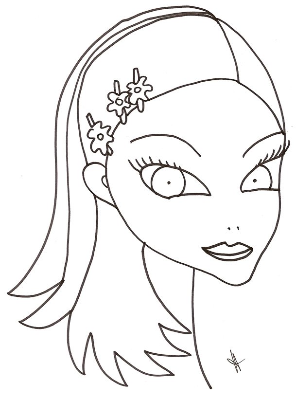 coloriage du visage de la fille aux cheveux longs attach&eacute;s par 3 barrettes
