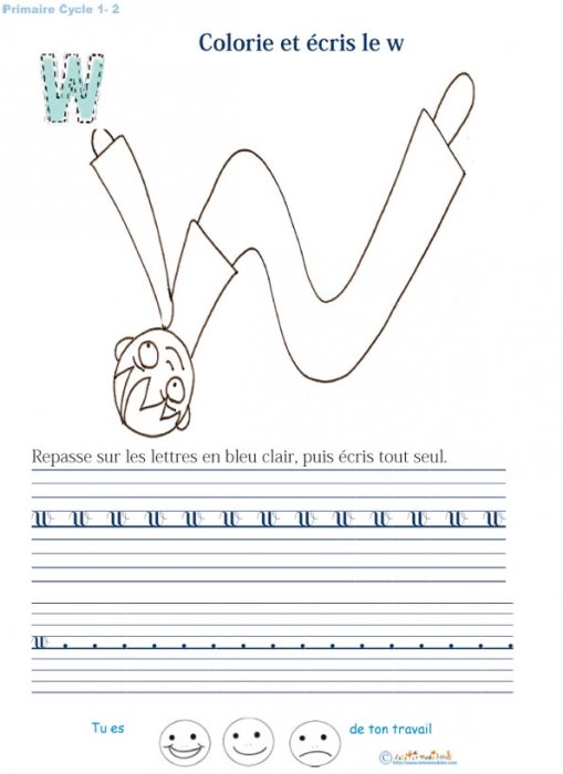 Ecrire et colorier la lettre w en alphabet cursif