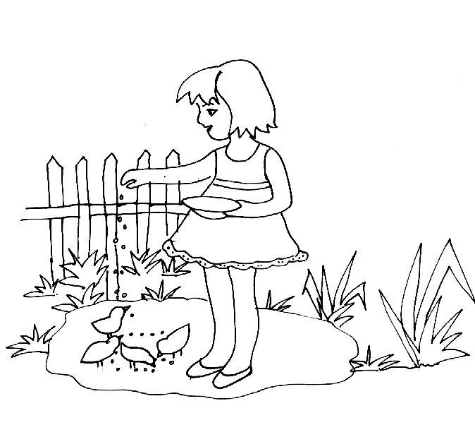 Coloriage fille aux miettes de pain