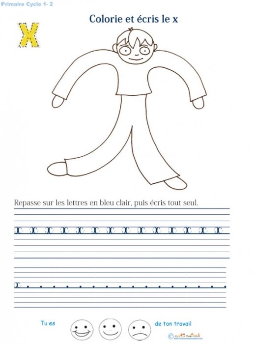 Ecrire et colorier la lettre x en alphabet cursif