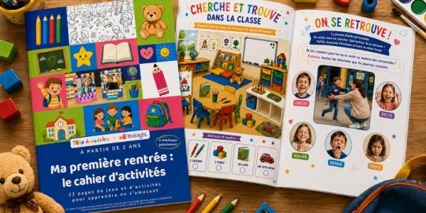 Téléchargez gratuitement un cahier d’activités spécial première rentrée en maternelle : 22 pages de jeux, coloriages et bricolages pour préparer sa première rentrée.