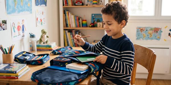 À quel âge un enfant peut-il préparer son cartable et sa trousse seul ? Les étapes réalistes par âge, pourquoi 8 ans c'est normal, et ce qui aide vraiment.