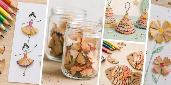 Ne jetez plus les crayons cassés ou trop courts : collages de copeaux, pot à crayons, bijoux… 8 idées créatives avec les enfants, classées par âge et sécurité.