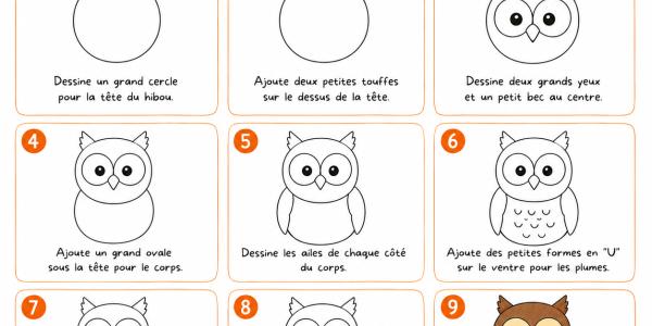 Apprenez à dessiner un adorable hibou grâce à notre tutoriel étape par étape. Une fiche gratuite et facile à imprimer pour les enfants dès la maternelle.
