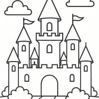 Coloriage d'un château de princesse avec des tours et des drapeaux