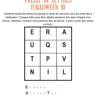 Grille de jeu N°10 des puzzles de lettres sur Halloween. Les enfants devront utiliser les lettres de cette grille pour écrire 3 mots extraits du vocabulaire d'Halloween et du monde des revenants !