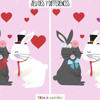 Un jeu de Saint Valentin très drôle à faire durant la Saint Valentin ! Il faudra trouver les 7 différences entre l'image de droite et l'image de gauche. Imprimez la feuille et proposer à votre enfant 