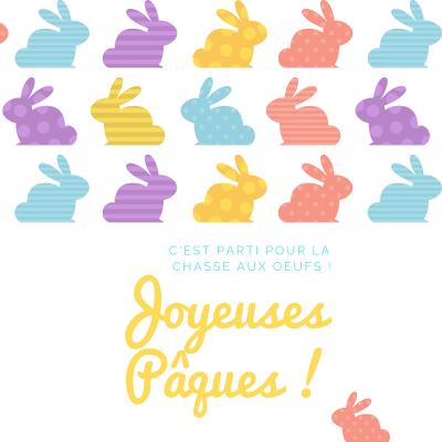 Carte Joyeuses Pâques avec des lapins à imprimer gratuitement pour l'envoyer à la famille et aux amis afin de leur souhaiter de passer de joyeuses Pâques. Imprimez la carte sur du papier épais et écri