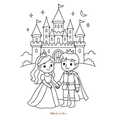 Retrouvez le Coloriage d'un prince et d'une princesse devant leur château et imprimez un dessin aux enfants qui aiment les contes de fée.