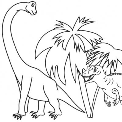 Coloriage de deux dinosaures à imprimer : sur ce coloriage votre enfant peut s'amuser à colorier le dessin d'un allosaure prêt à bondir sur un brachiosaure. Un coloriage gratuit à imprimer sur les din