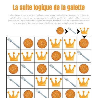 Jeu de logique à imprimer gratuitement sur le thème de la galette des rois. le but de ce jeu est de trouver son chemin à travers les symboles en suivant un ordre précis. Ce jeu est parfait pour la pér