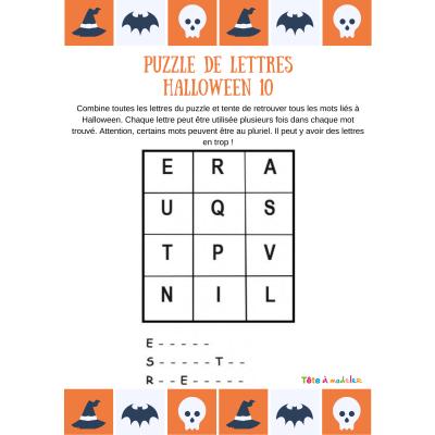 Grille de jeu N°10 des puzzles de lettres sur Halloween. Les enfants devront utiliser les lettres de cette grille pour écrire 3 mots extraits du vocabulaire d'Halloween et du monde des revenants !
